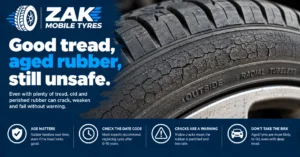 Close-up of an aged tyre with deep tread but cracked and perished sidewall rubber showing why old tyres can still be unsafe