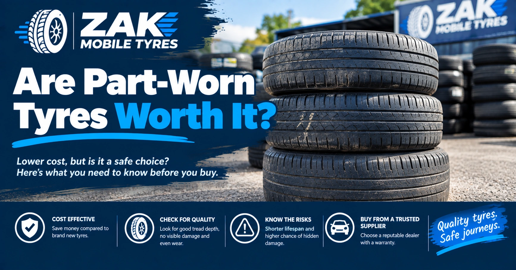Stack of part-worn used tyres illustrating the benefits, risks and safety considerations of buying second-hand tyres
