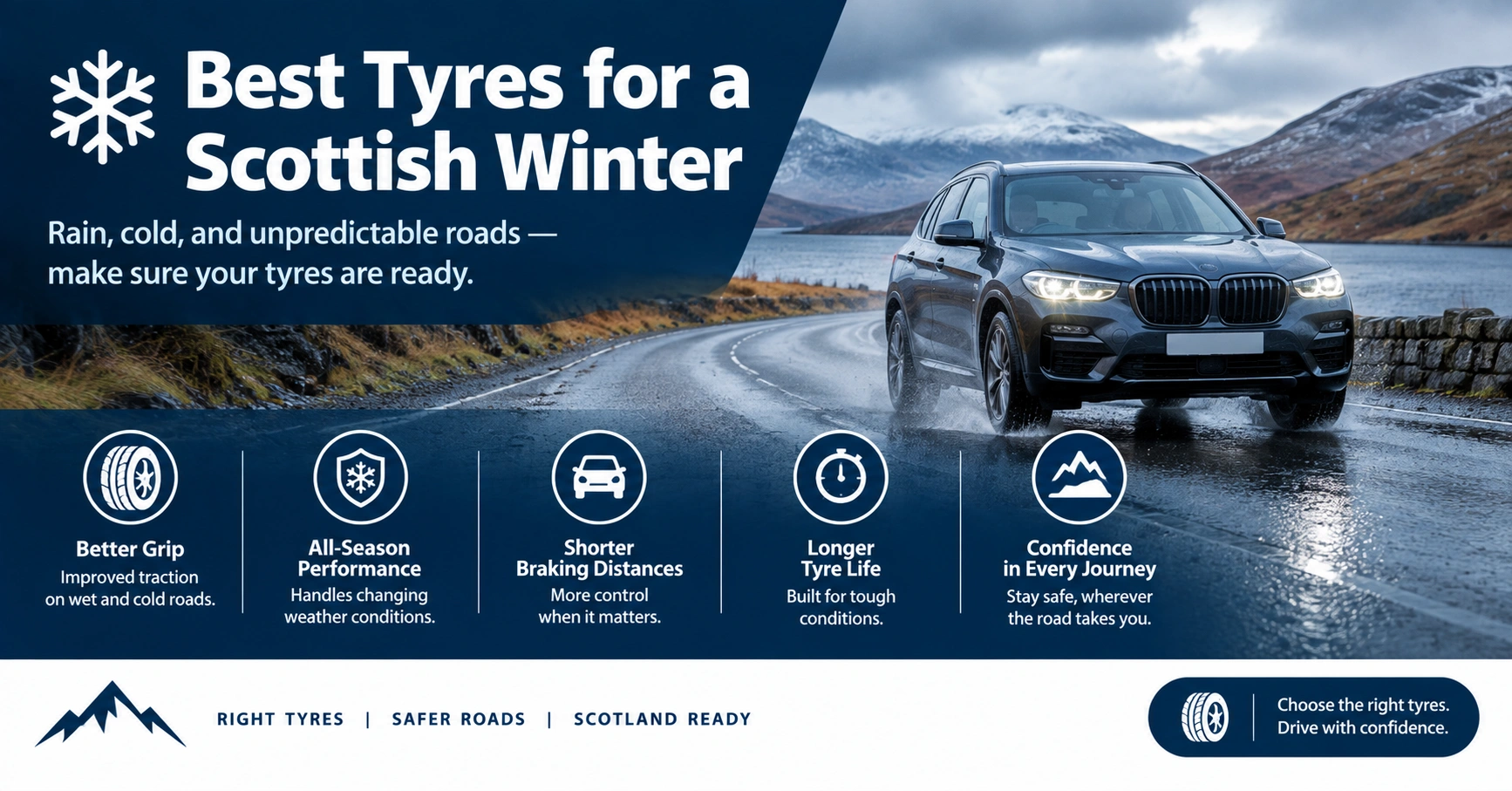 Car driving on a wet cold Scottish road in winter conditions with tyres suited to rain and low temperatures