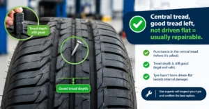 Tyre with a nail in the central tread showing good remaining tread depth and conditions for a potential repair