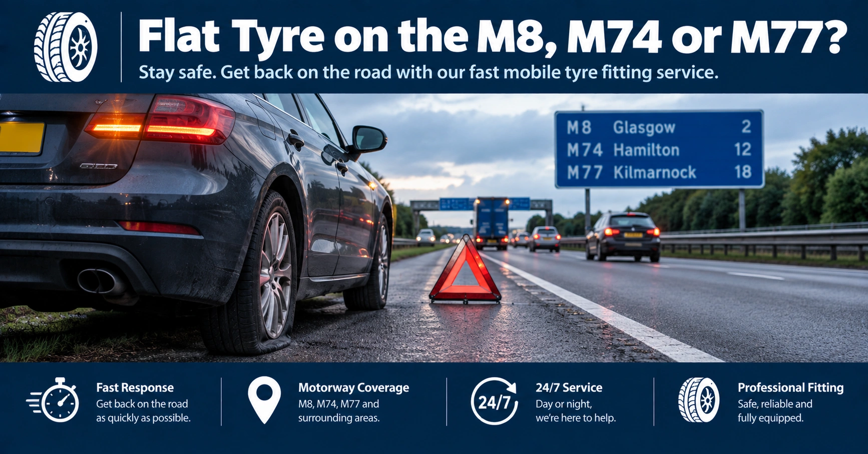 Flat tyre on a car hard shoulder near Glasgow with M8, M74 and M77 motorway signs