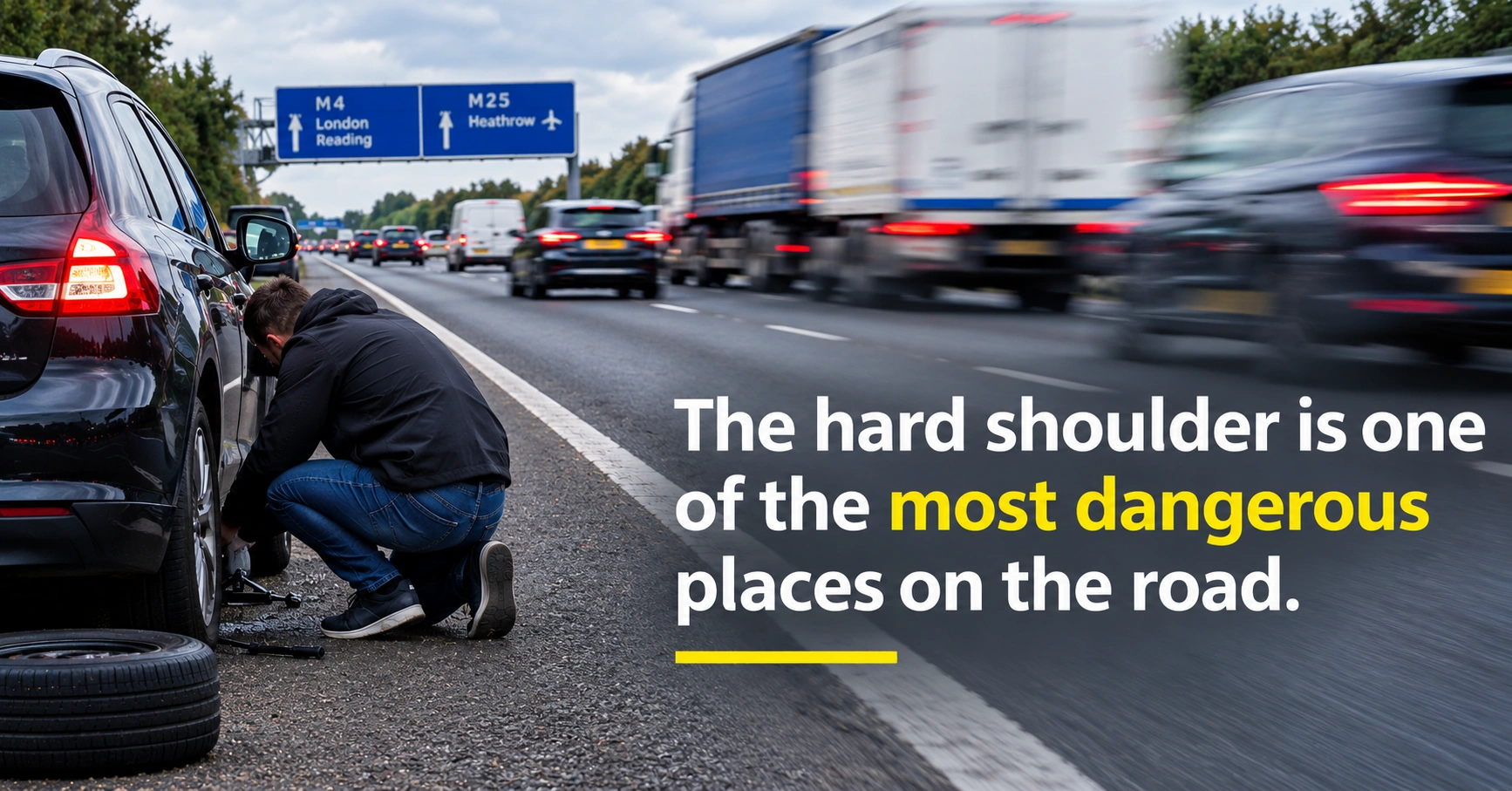 Traffic passing at speed beside a stationary car on a UK motorway hard shoulder