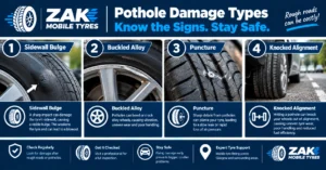 Driver slowing down to avoid a pothole with advice to maintain correct tyre pressure, look ahead and avoid braking over potholes