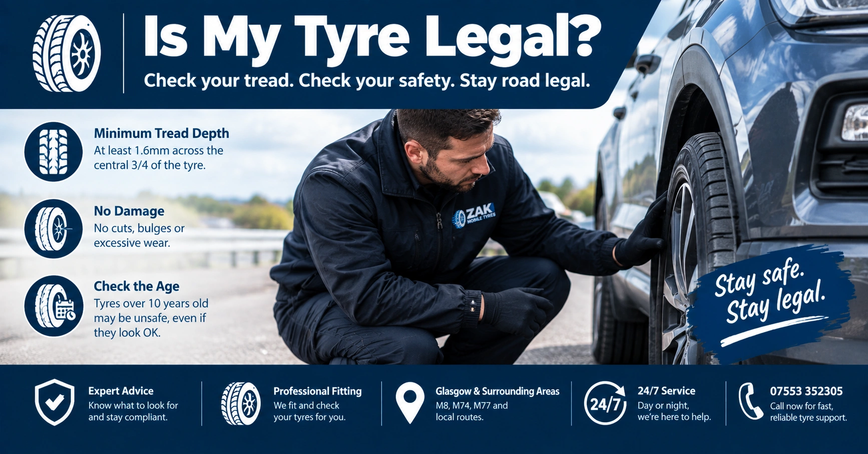 Driver crouching beside a car checking tyre tread depth and condition for road legalit