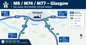 Map-style illustration of the M8, M74 and M77 around Glasgow with motorway routes, hard shoulder and exit markers