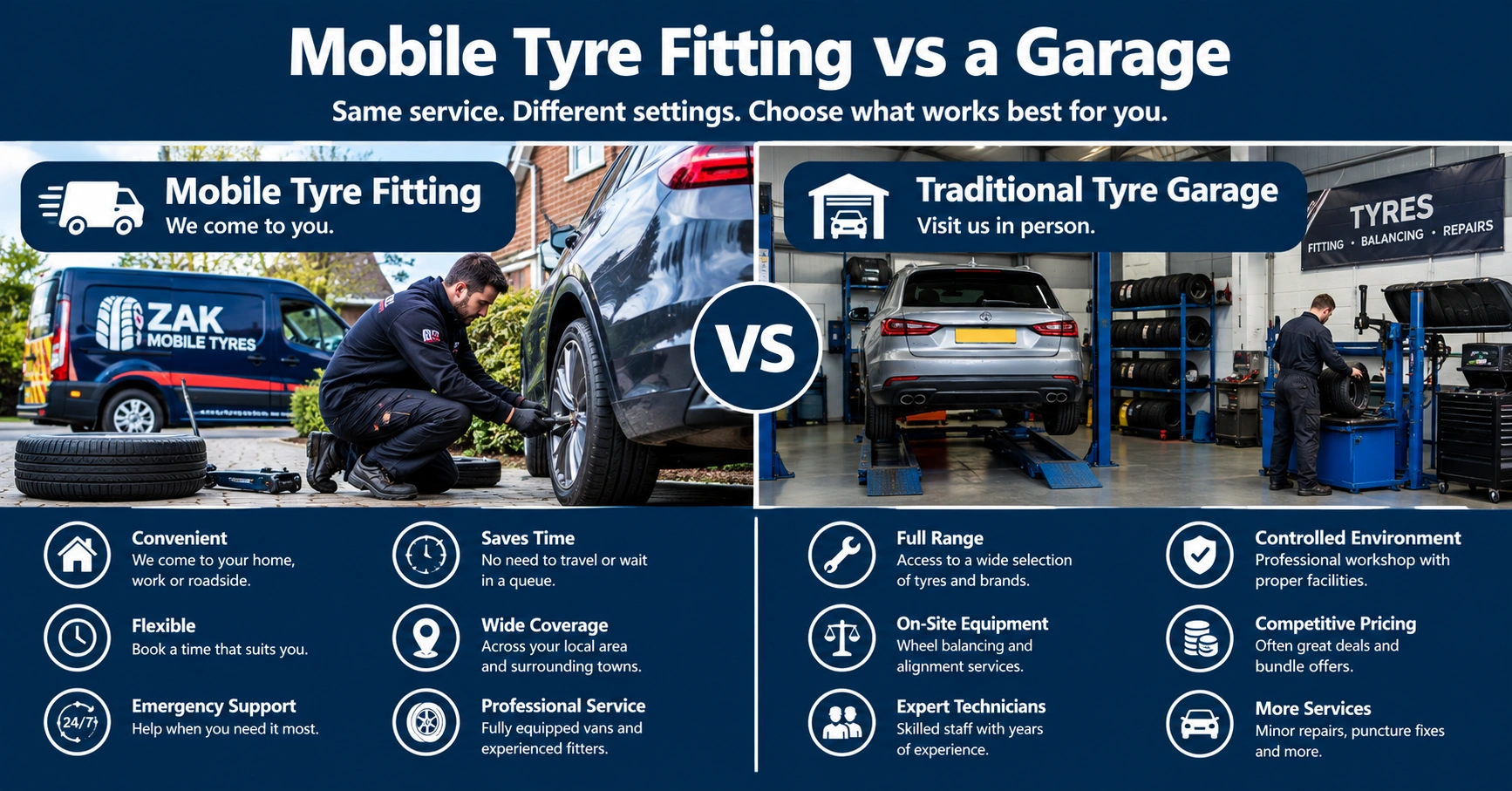 Comparison of mobile tyre fitting at a home driveway and traditional tyre garage service