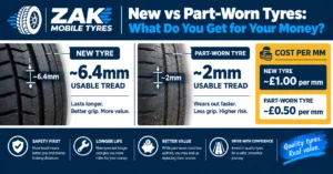Comparison graphic showing approximately 6.4mm usable tread on a new tyre versus 2mm on a part-worn tyre with cost-per-millimetre comparison