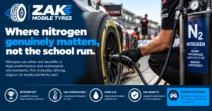 Motorsport pit tyre being inflated with nitrogen showing where nitrogen tyre inflation offers genuine performance benefits