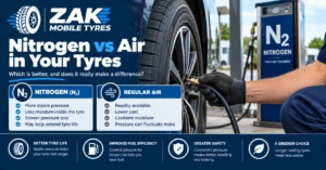 Comparison of nitrogen and regular air for car tyres showing nitrogen pressure benefits and that regular air is approximately 78 percent nitrogen