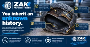 Cutaway of a used tyre showing hidden internal damage including cracks, cord damage, previous impact damage and bead problems