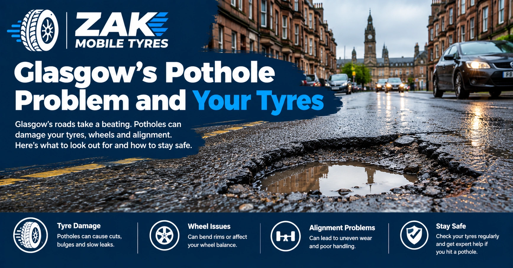 Diagram showing common pothole damage including tyre sidewall bulge, buckled alloy, puncture and wheel alignment problems