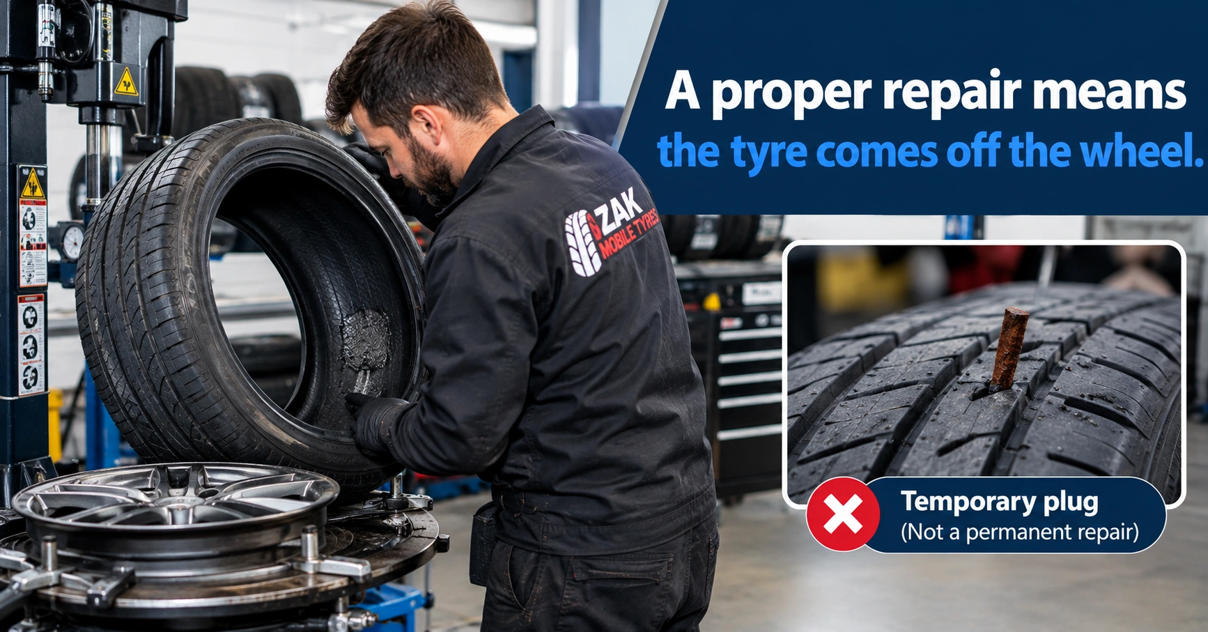 Proper tyre repair with the tyre removed from the wheel for inspection
