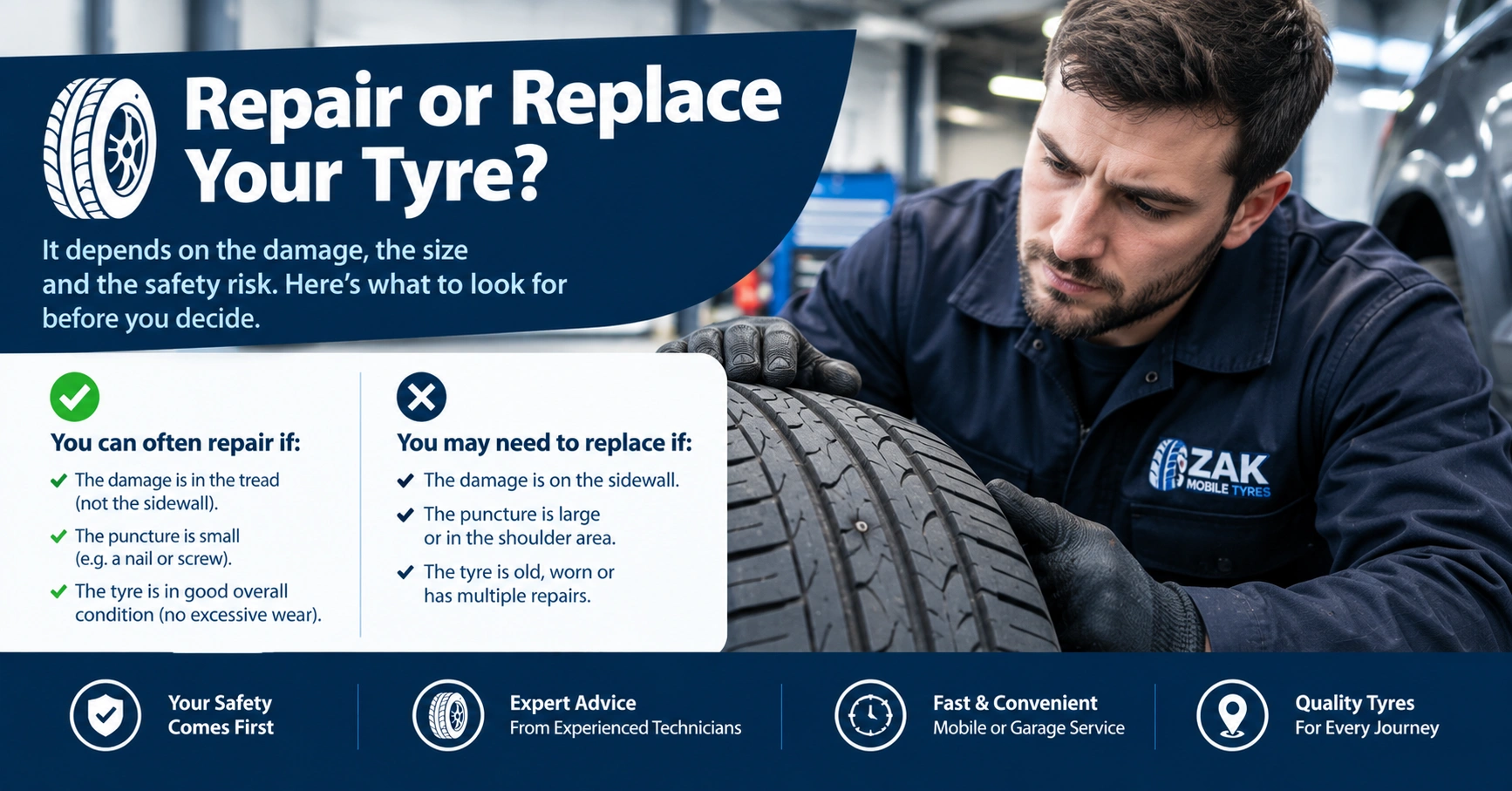 Tyre technician inspecting a damaged car tyre to determine whether it should be repaired or replaced