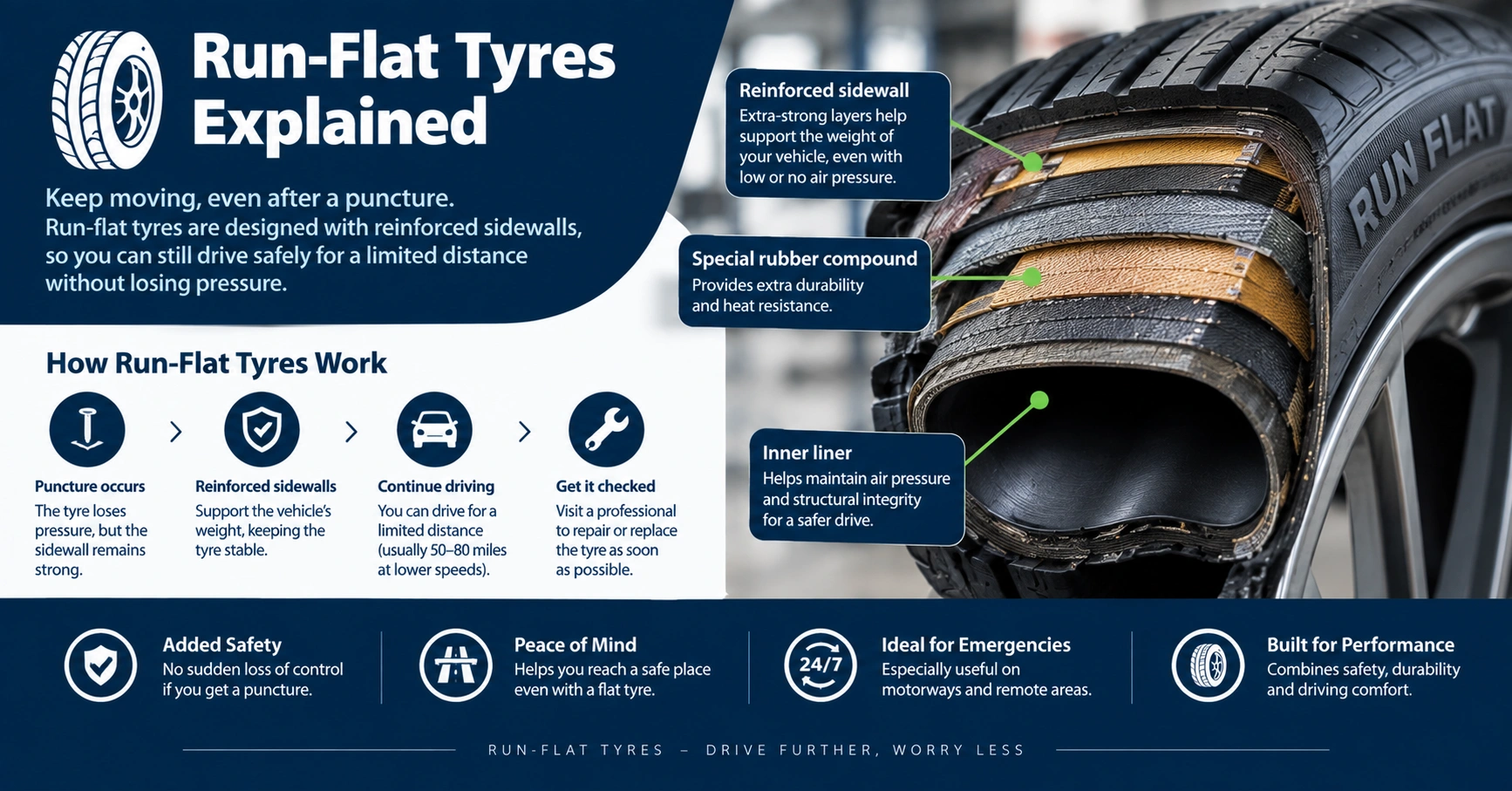 Run-flat tyre cutaway showing reinforced sidewall construction and internal components