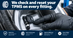 TPMS tyre pressure sensor inside a wheel rim being checked by a technician during tyre fitting
