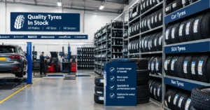 Tyre garage interior with racks of tyres showing a wide range of brands and sizes in stock