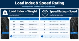 Tyre load index showing weight capacity and speed rating showing maximum speed with example values