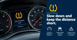 Car dashboard showing the tyre pressure warning light with advice to slow down and keep the following distance short