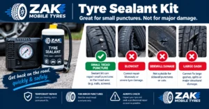 Tyre sealant kit with a green tick for small tread punctures and red crosses for blowouts, sidewall damage and large gashes