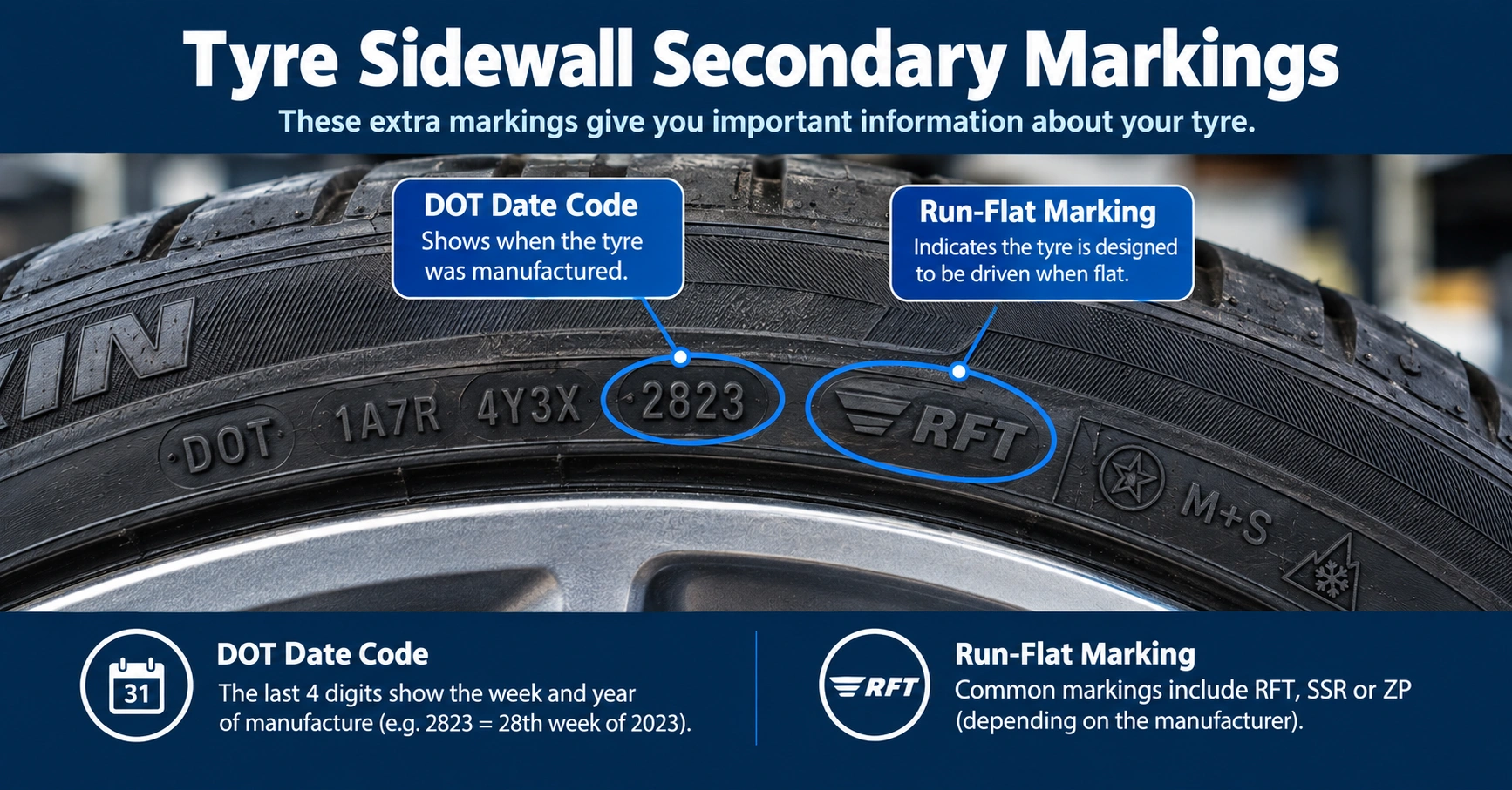 Tyre sidewall showing a circled DOT date code and run-flat marking with educational labels