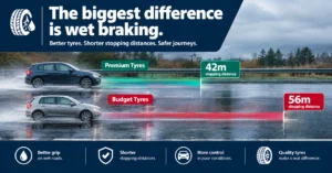 Wet road braking comparison showing different stopping distances for premium and budget tyres