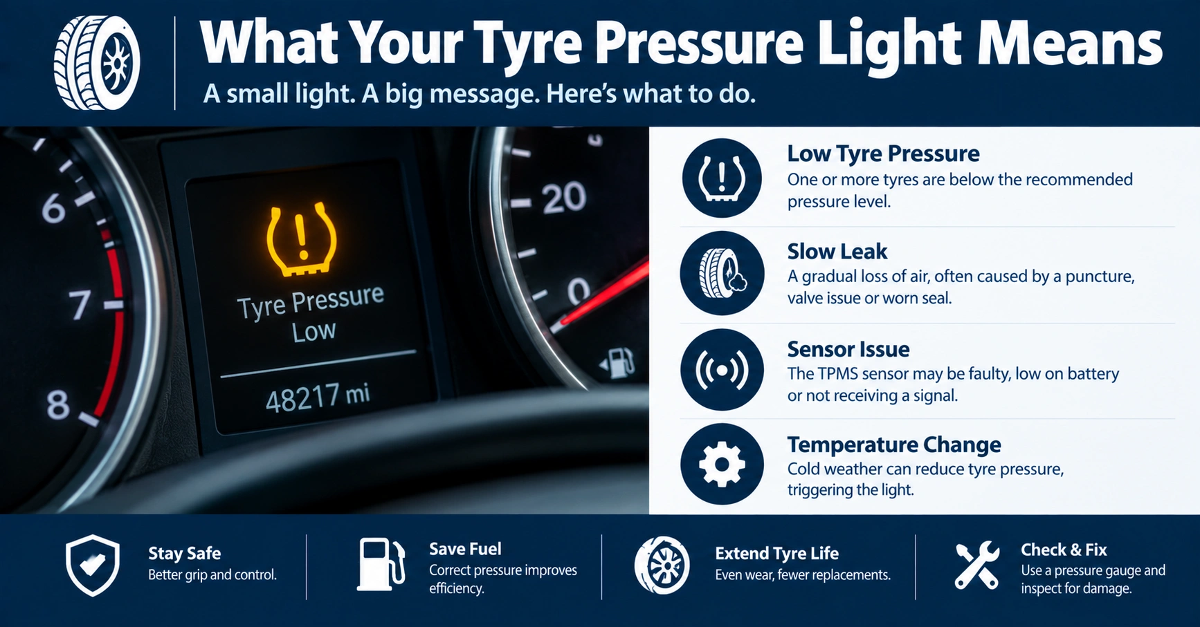 Car dashboard showing the TPMS tyre pressure warning light and explaining what the warning means