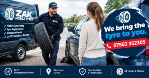 Zak Mobile Tyres fitter carrying a replacement tyre to a stranded driver during roadside assistance